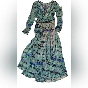 Spy Zone Exchange Blue/Green Print Long Sleeve Maxi Dress With Sash. L